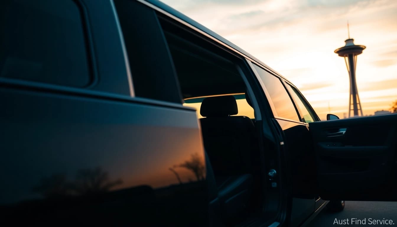 Limo service vancouver to seattle featuring a luxurious black limousine in front of Seattle's skyline.