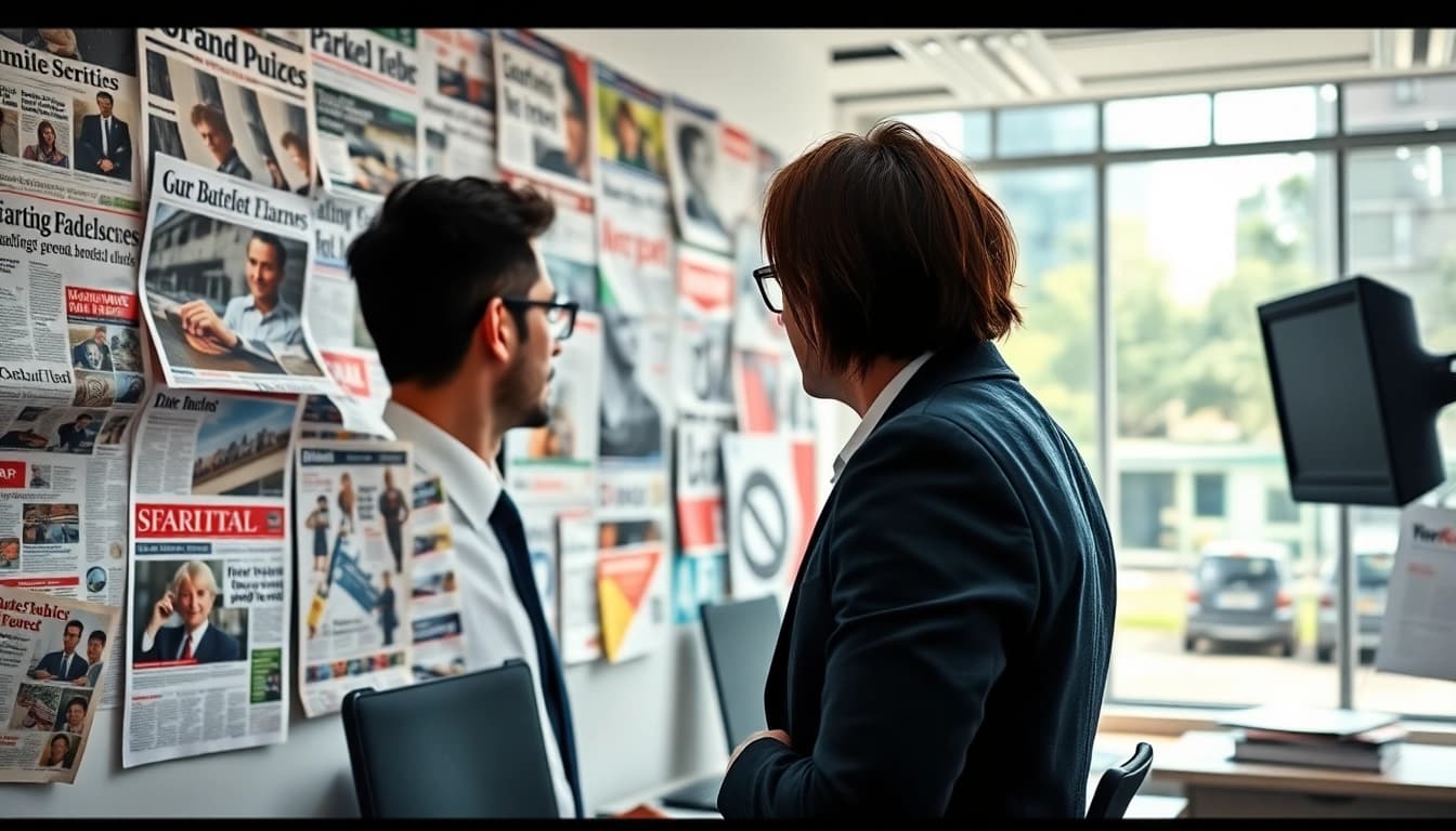 Analyze prominent Newspaper Headlines displayed in a vibrant newsroom environment.