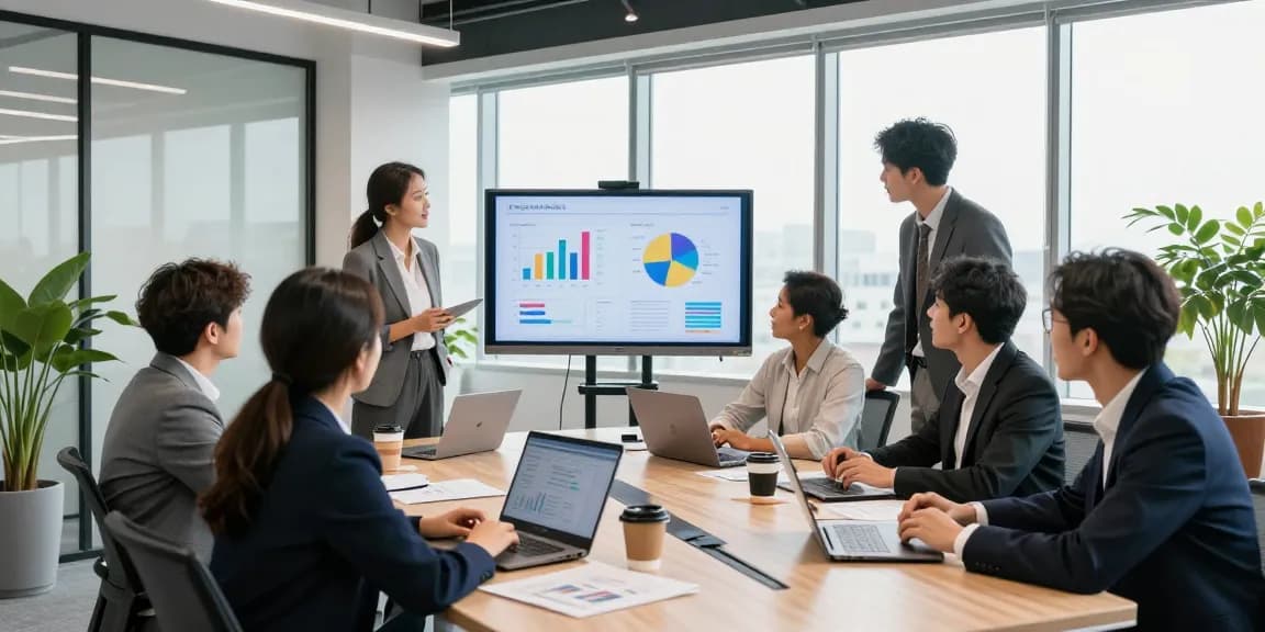 Réunion de professionnels avec CIBC dans un bureau moderne, échanges dynamiques autour de graphiques financiers.