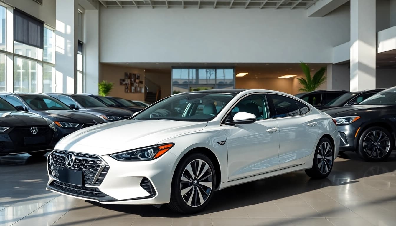 Buy New Car in a modern showroom with bright lighting and sleek design.
