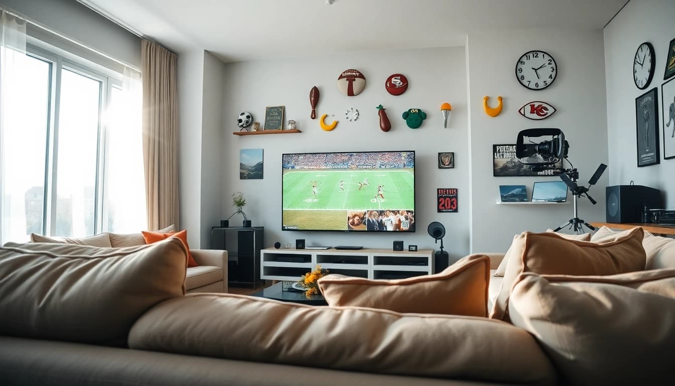 Menikmati situs nobar di ruang tamu dengan acara sepak bola langsung di TV besar.