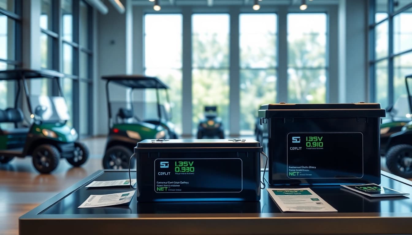 Lithium golf cart batteries displayed professionally, showcasing design and technology features.