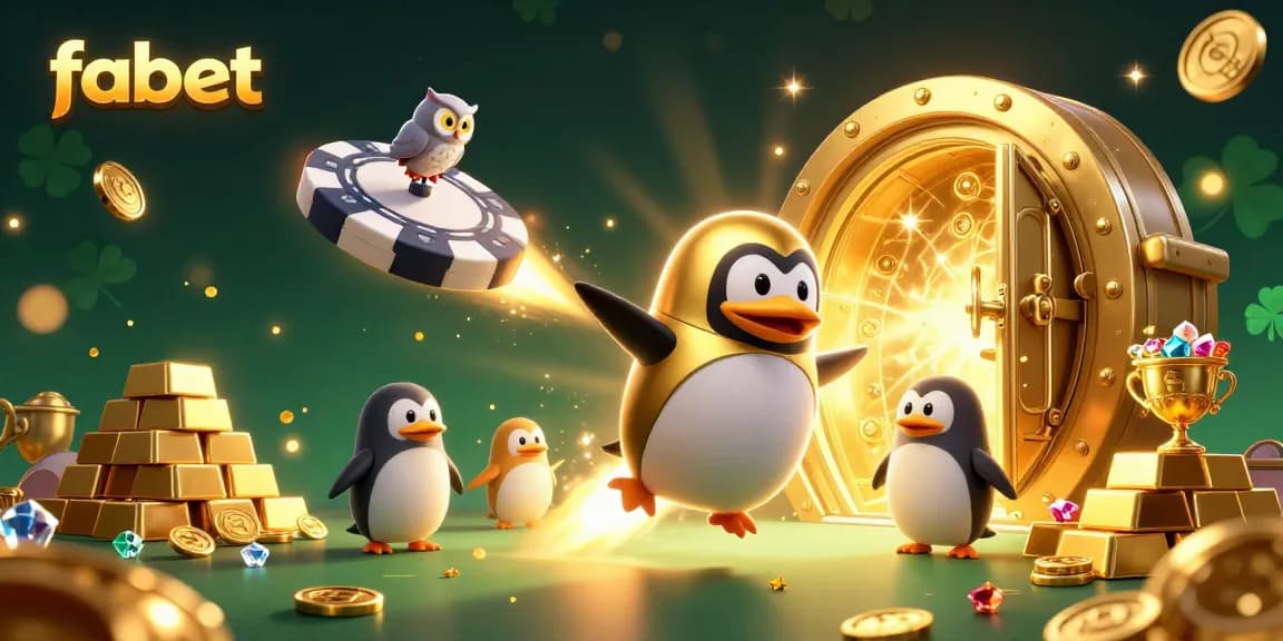 Join the fabet gaming adventure with a golden penguin soaring toward a vibrant casino space station.