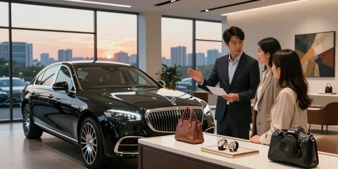 Interior showroom dari LUXURY 777 menampilkan mobil mewah dengan pencahayaan lembut dan aksesori premium.