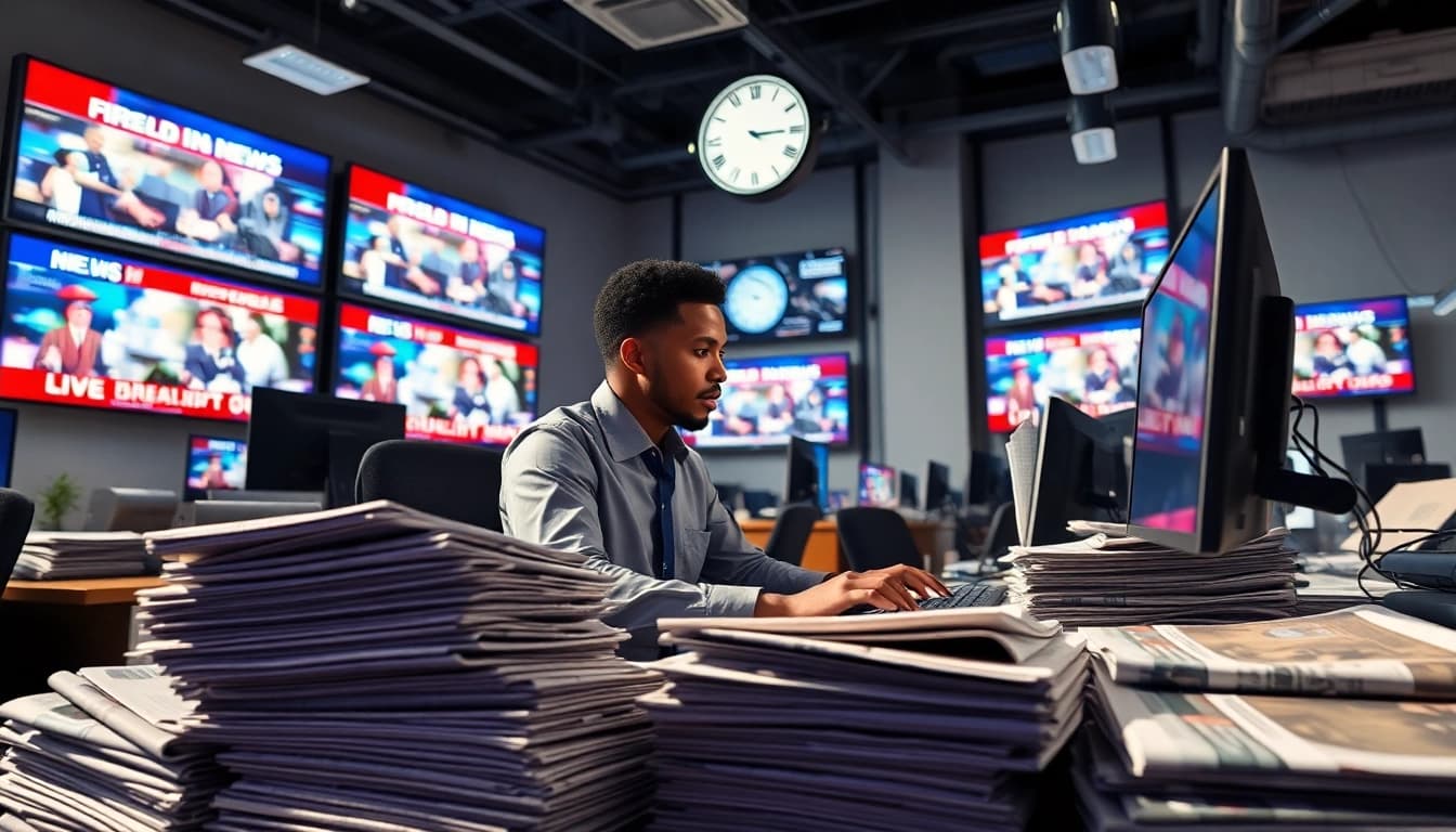 Nigerian Newspapers stacked around a journalist working in a lively newsroom.