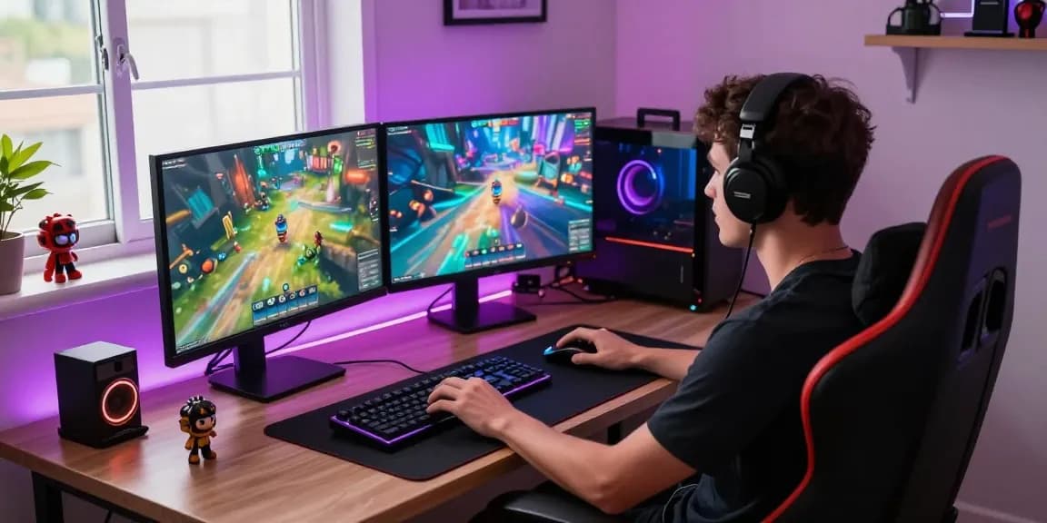 Engaging gaming experience with mantra88 platform, dual monitors, and vibrant setup.