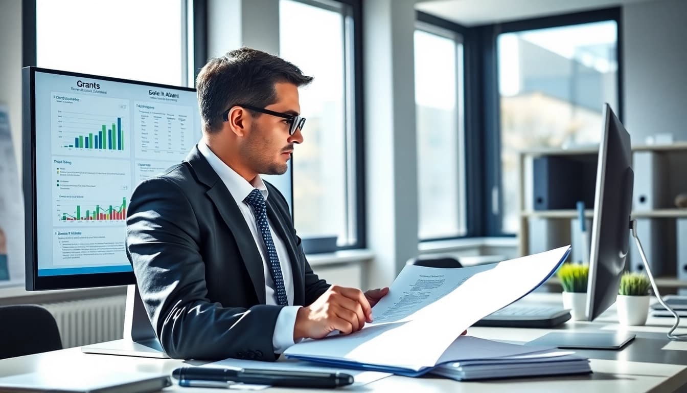 Analyze pre-post award compliance documents in a bright office environment.