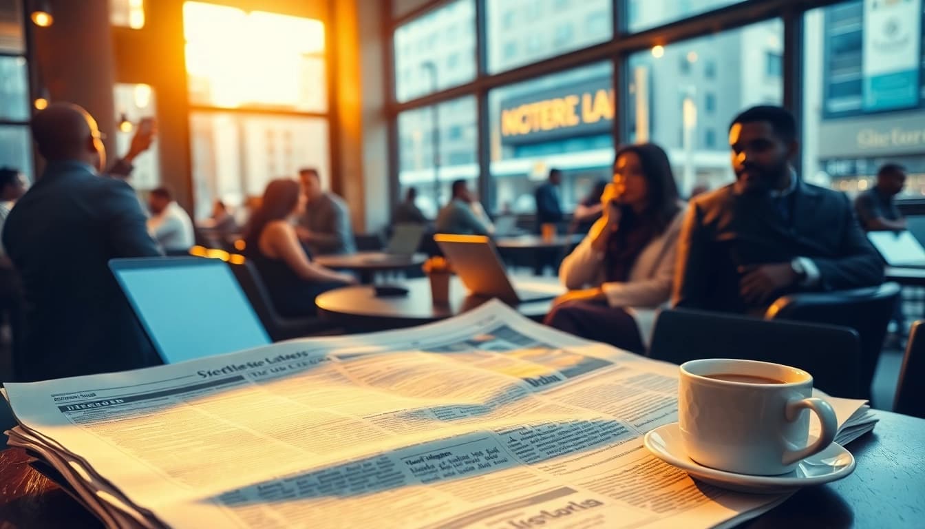 Nigerian Newspapers being read by a journalist in a lively café environment