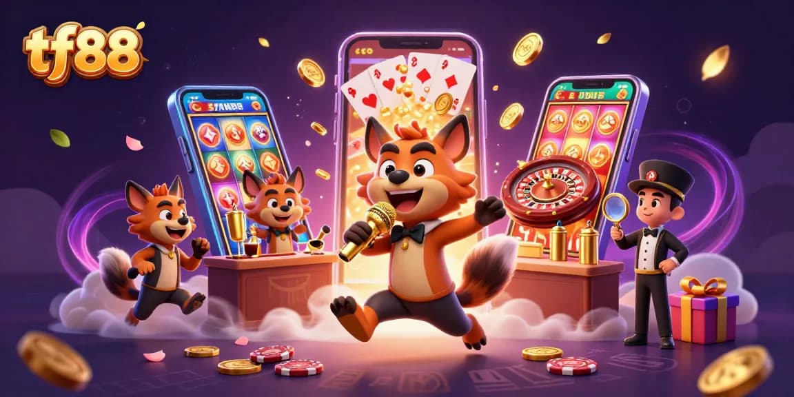 Experience winning strategies with tf88 at this lively comedy casino club illustration.