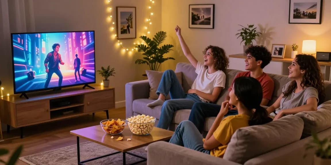 Enjoying premium entertainment at home with dez pila streaming, friends on sofa, snacks, and cozy lighting.