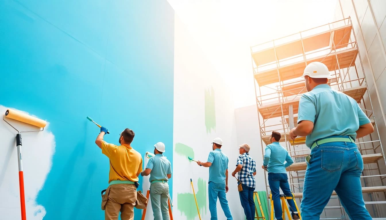 Commercial painting company working professionally on a large exterior building.