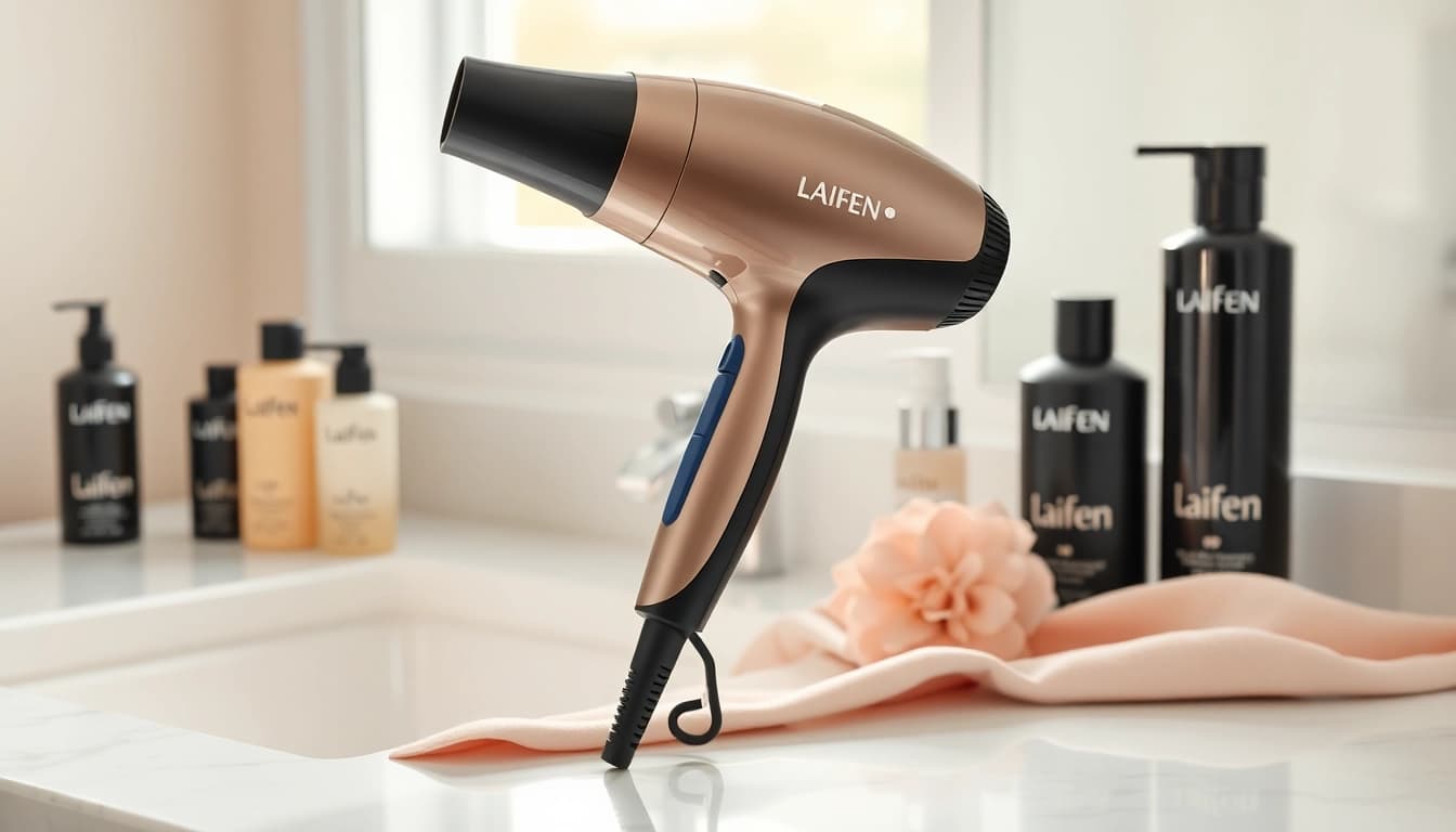 Stylish Laifen Swift hair dryer showcased on a vanity, surrounded by beauty products.