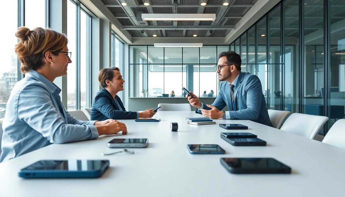 Discover the best mobile phone deals business options with engaging professionals in a modern office.