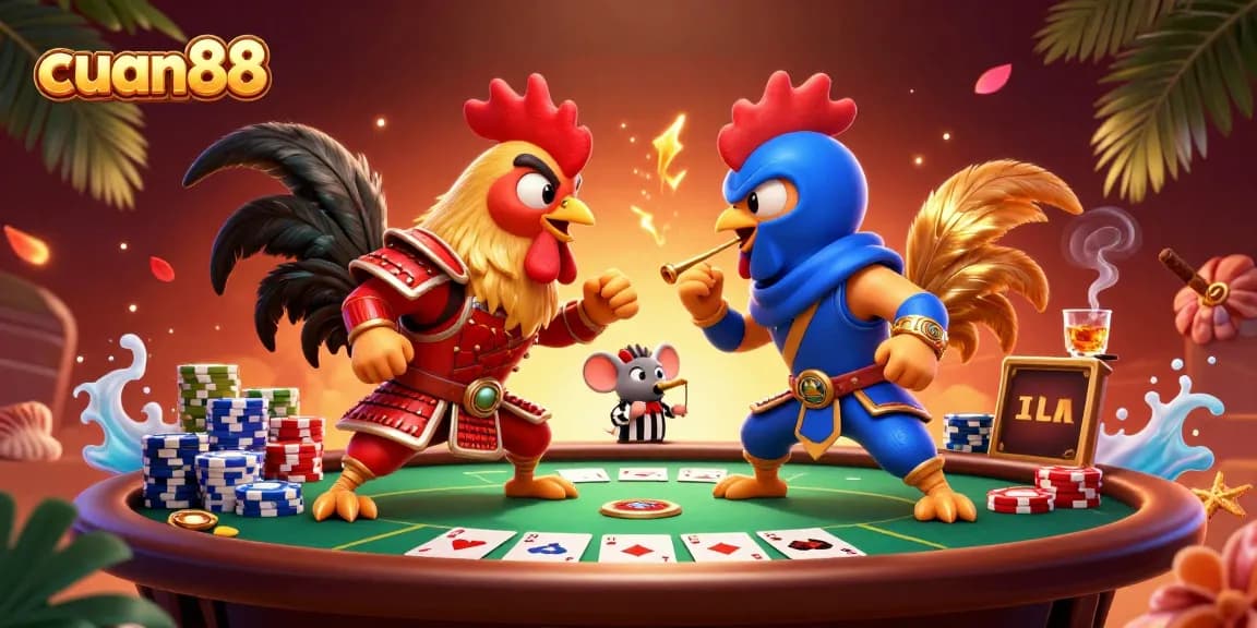 Bertanding antara dua ayam kartun 3D dalam cuan88, seru dan penuh strategi di arena judi yang semarak.