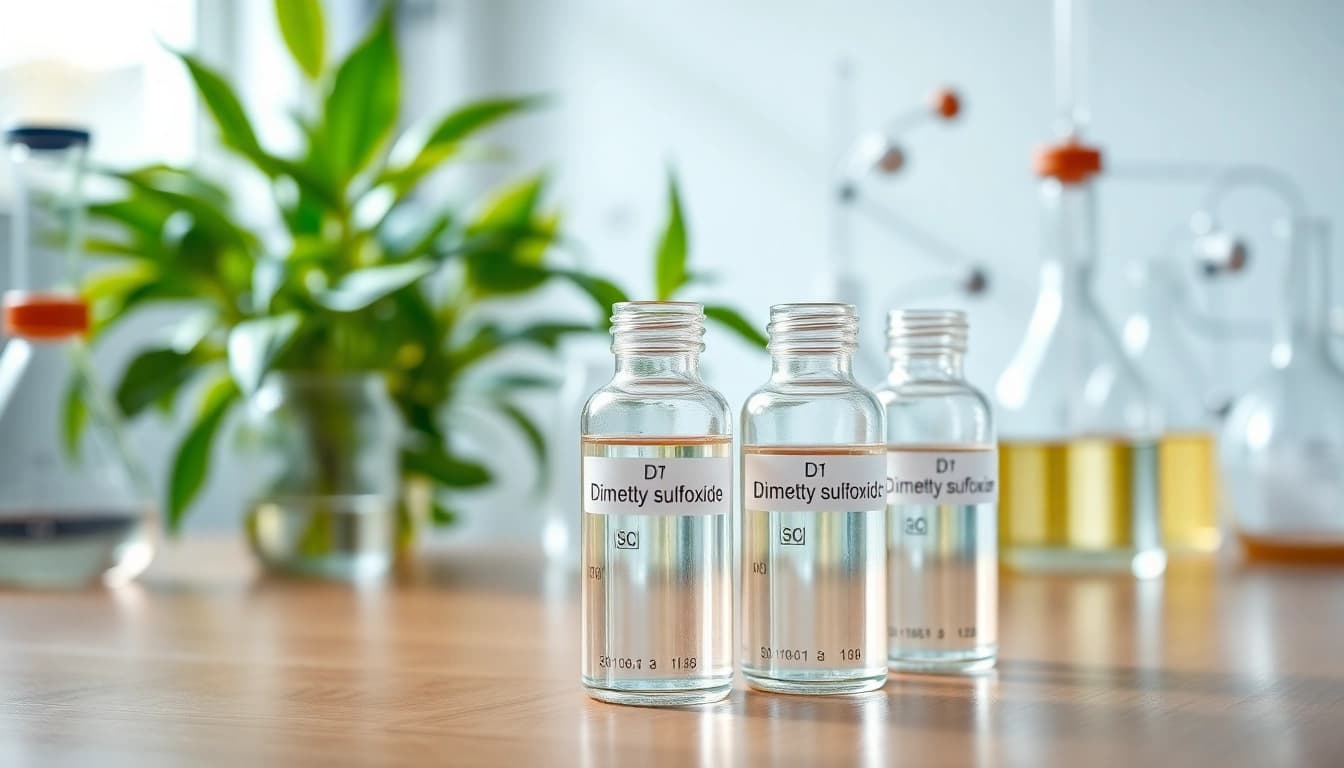 Dimethyl sulfoxide displayed in glass vials on a laboratory bench.