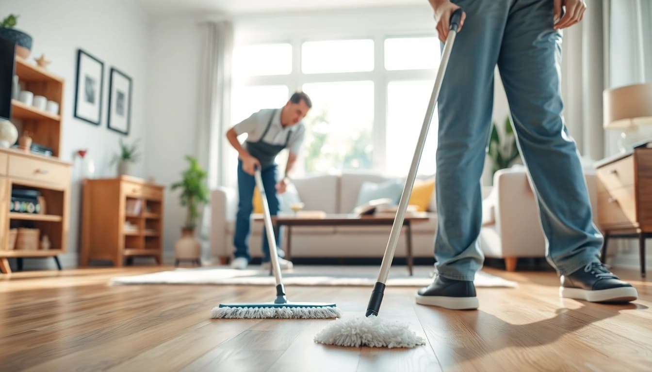 Bond cleaning services in action, showcasing a professional cleaner scrubbing and dusting surfaces.