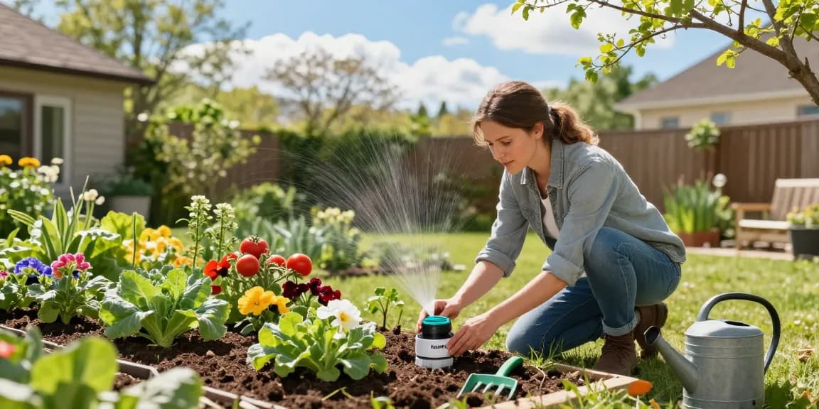 Efficient use of a rainpoint sprinkler timer in a vibrant garden scene with flourishing plants.