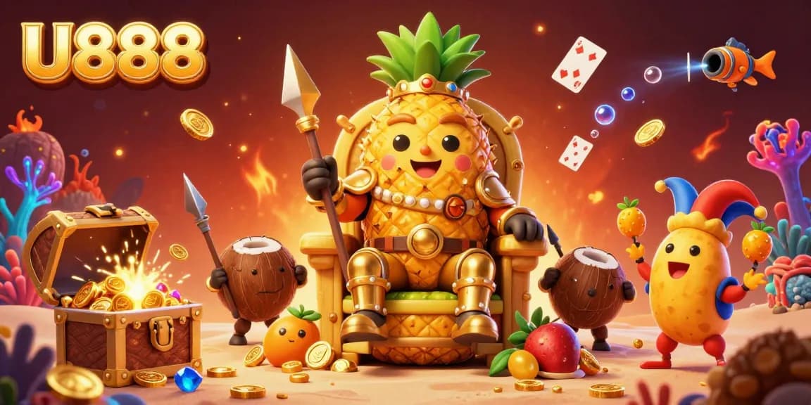 Experience the thrilling vibe of U888 as the golden pineapple king reigns over a vibrant casino scene filled with games and treasure.