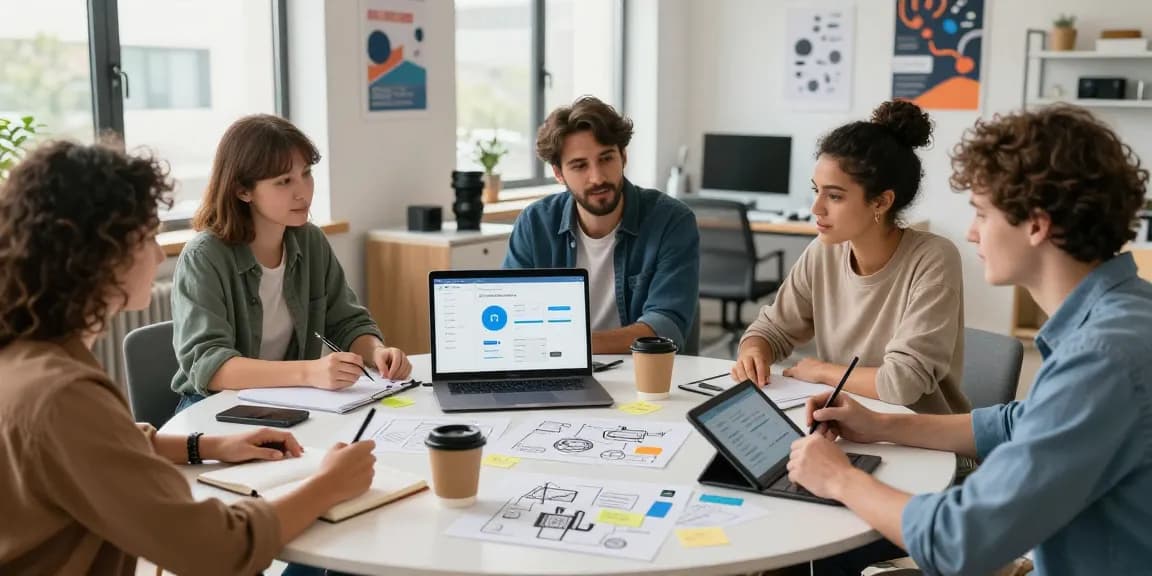 Build internal tools with AI in a collaborative workspace scene with diverse professionals brainstorming and designing innovative solutions.