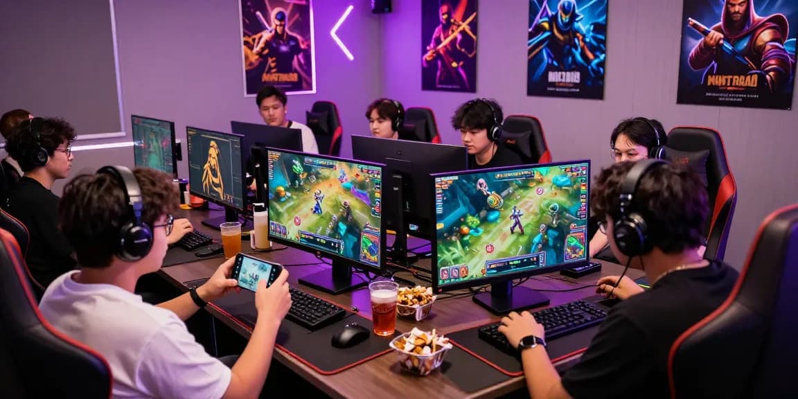 Players enjoying competitive matches on the MANTRA88 online gaming platform with vibrant visuals and gaming gear.
