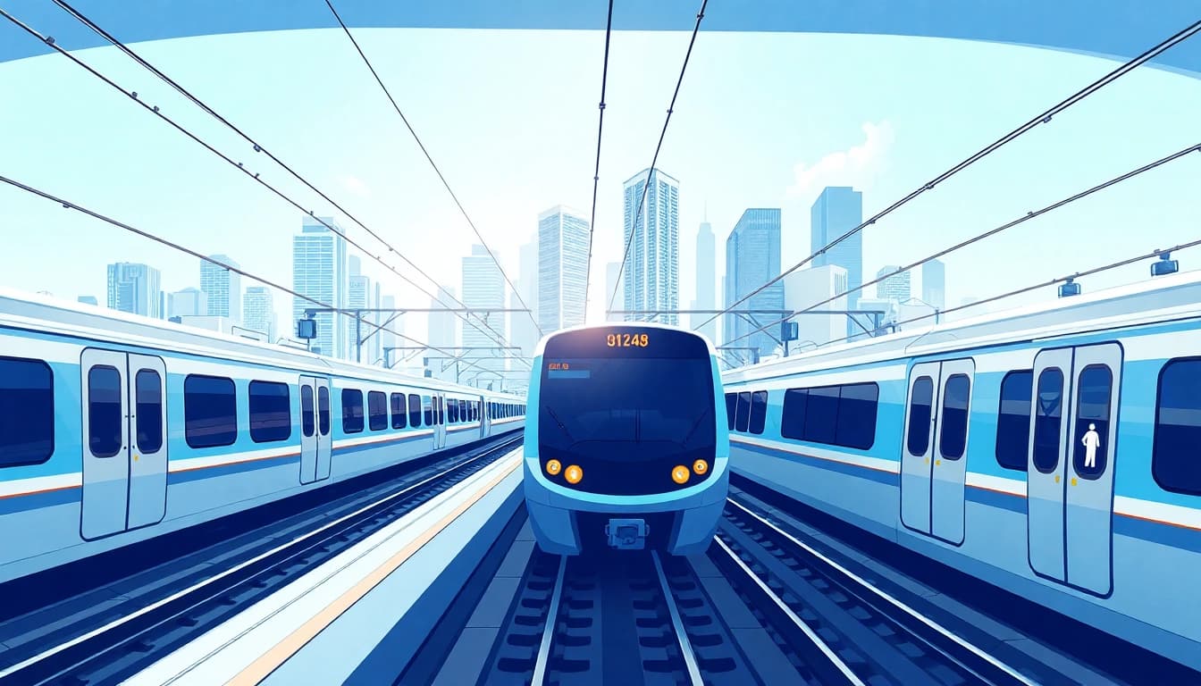 Modern rail systems company at a bustling train station featuring sleek trains and commuters.