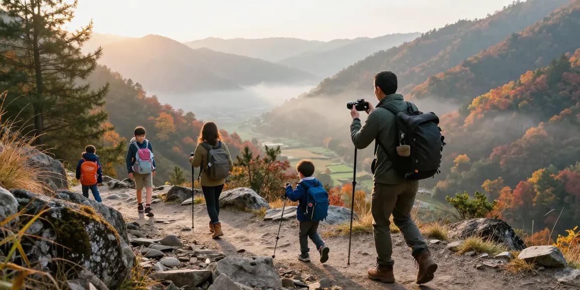 Family enjoying an outdoor adventure while hiking at mantra88, capturing memories in a scenic mountain landscape.