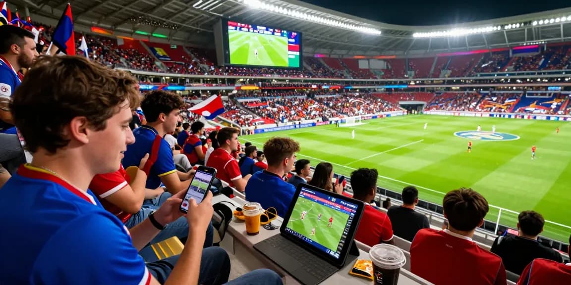 Engaged fans tracking live scores on 7mcn during a football match.