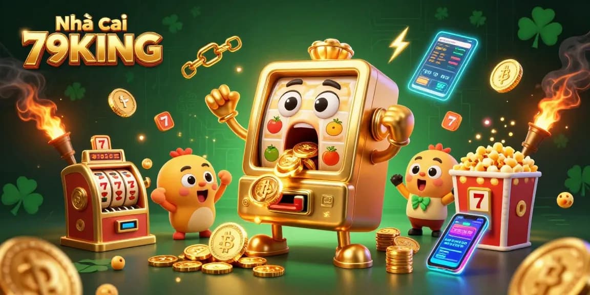 Experience excitement with Nhà cái 79KING as golden slot machines celebrate big wins, surrounded by vibrant crypto elements.