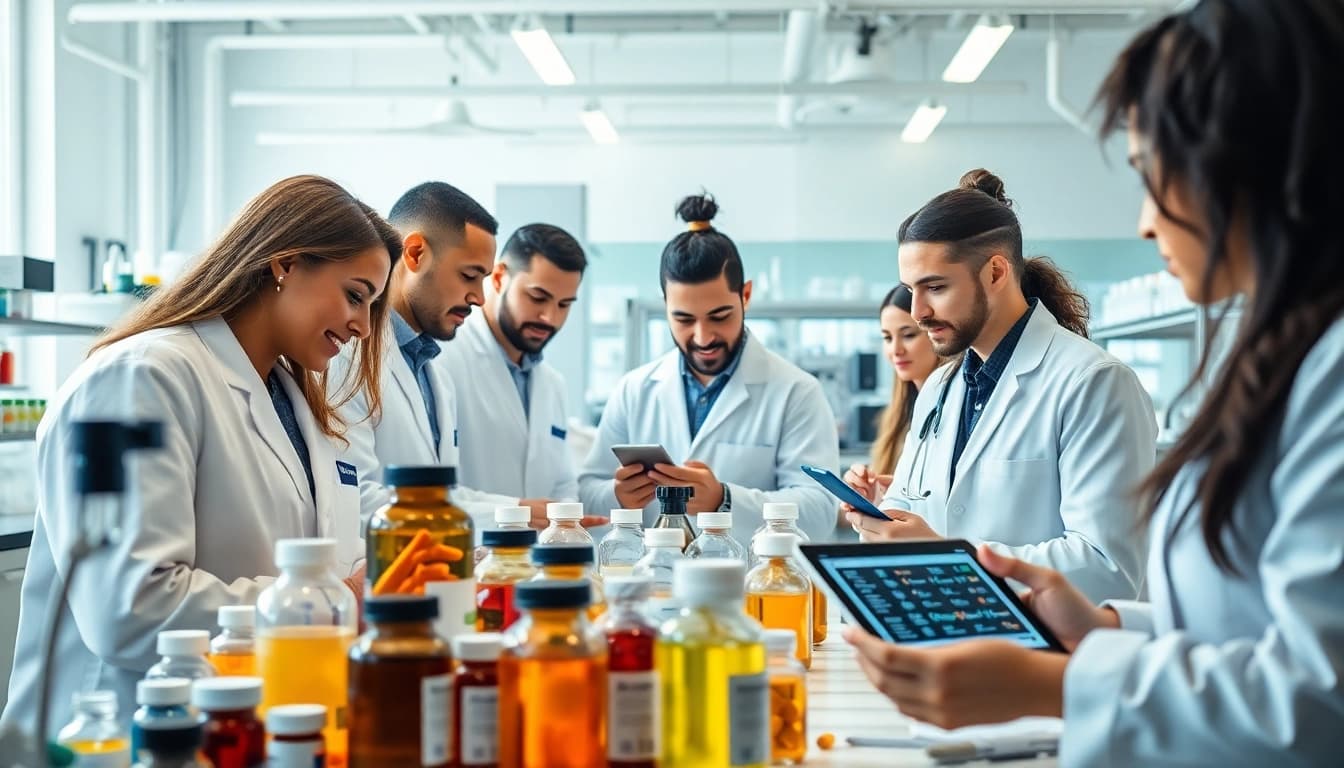 Illustration of a Private Label Supplement Manufacturer showcasing a professional team in a modern lab setting.