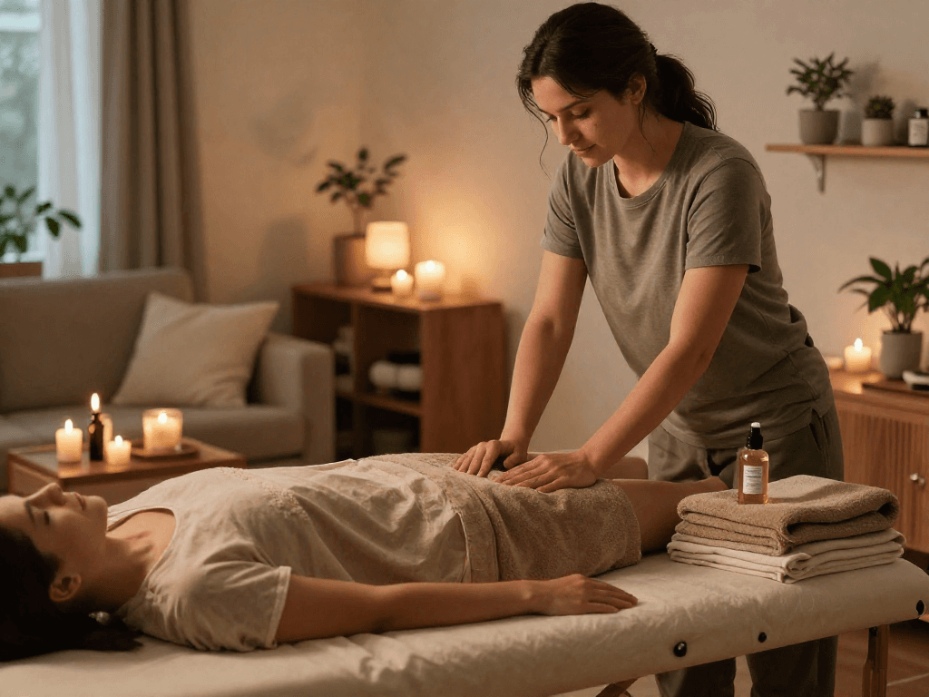 A serene home massage environment showcasing 은평구출장안마 service with relaxing elements, including calming candles and cozy decor.