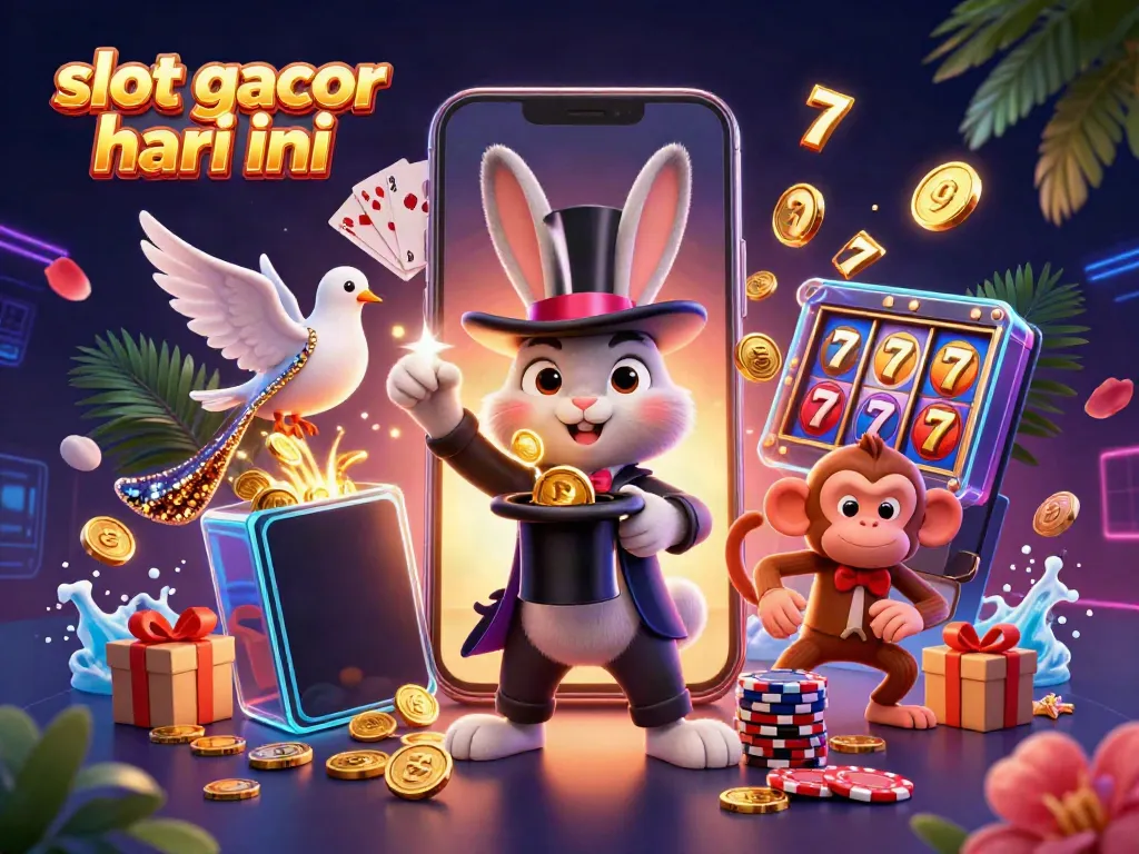 Win big today with slot gacor hari ini, featuring a magician rabbit revealing treasures and playful casino elements.