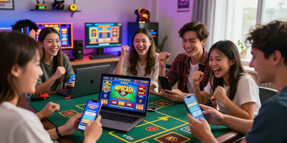 Exciting online gambling scene featuring players using MPOCASH for slots and live casino games, celebrating wins.