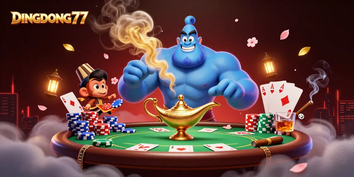 DINGDONG77 conjures a vibrant casino scene with a genie, poker chips, and a magical atmosphere.