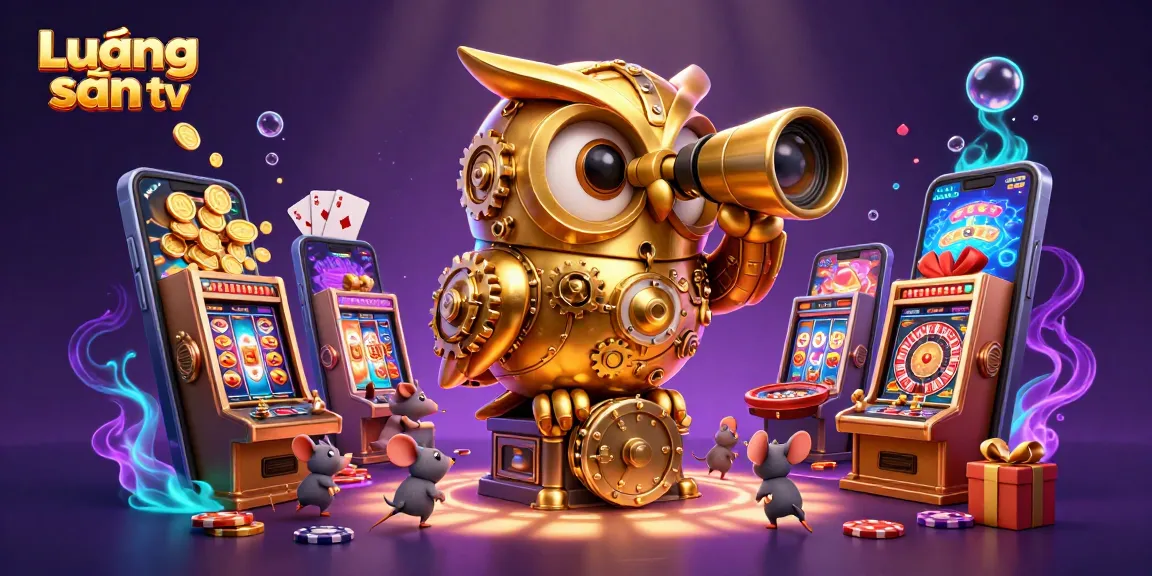 Lương sơn tv showcases a dynamic 3D casino scene featuring a golden owl and whimsical patrons among colorful slot games and rich decorations.