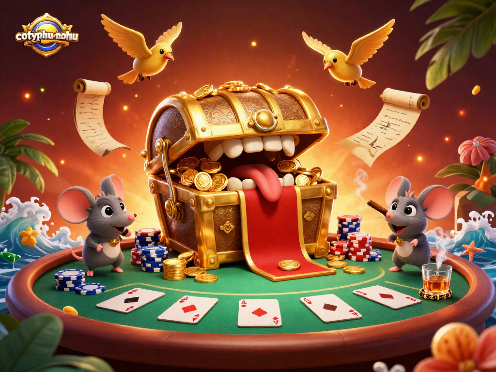 Engage in strategic gameplay with cotyphu-nohu, featuring dynamic poker elements and an inviting treasure chest.