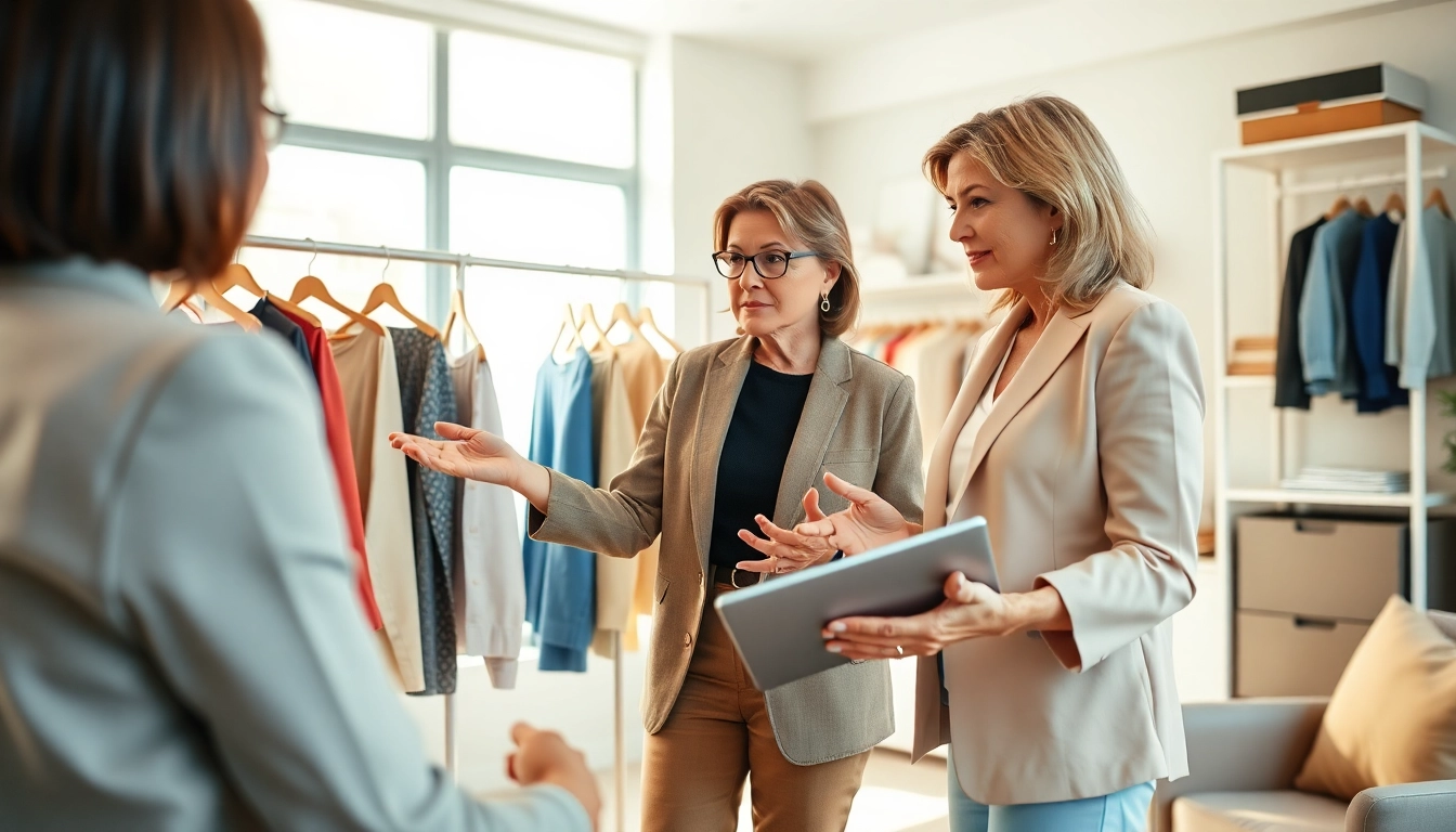 Consulenza d'immagine: consulente che discute con un cliente sui vestiti in un ambiente professionale.