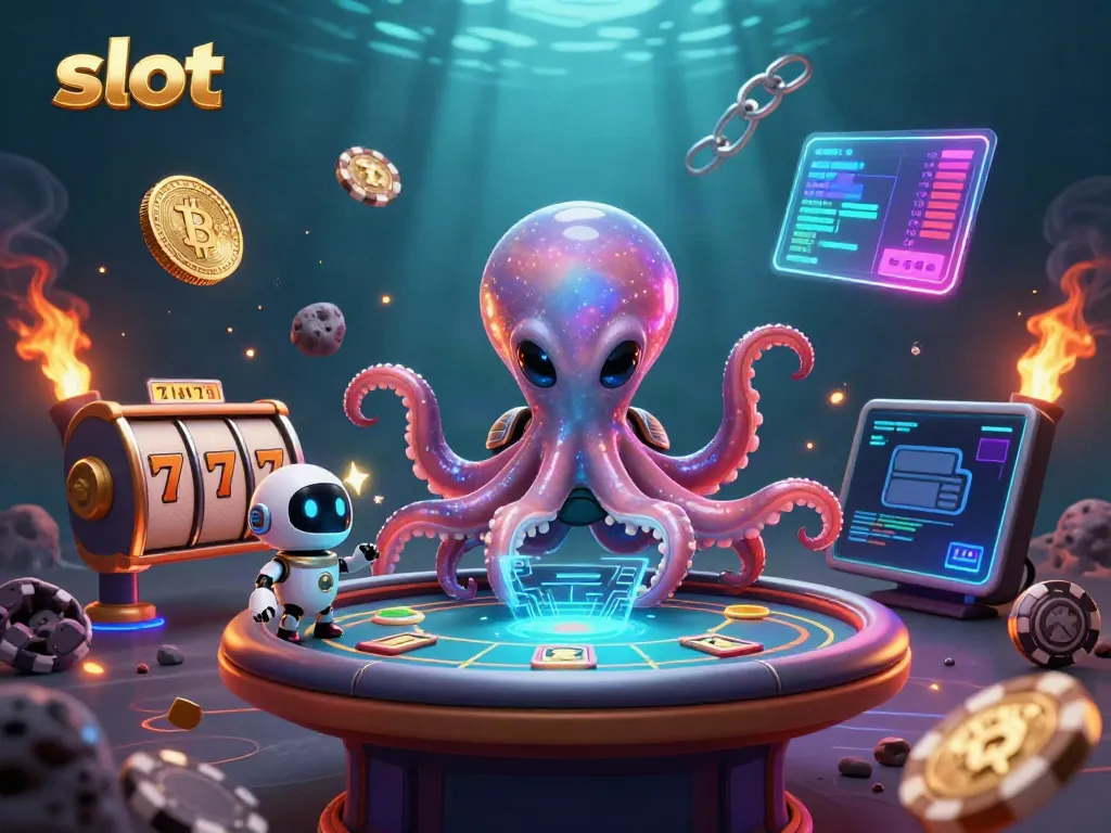 Engage with vibrant slot machines and crypto elements in this animated casino scene.