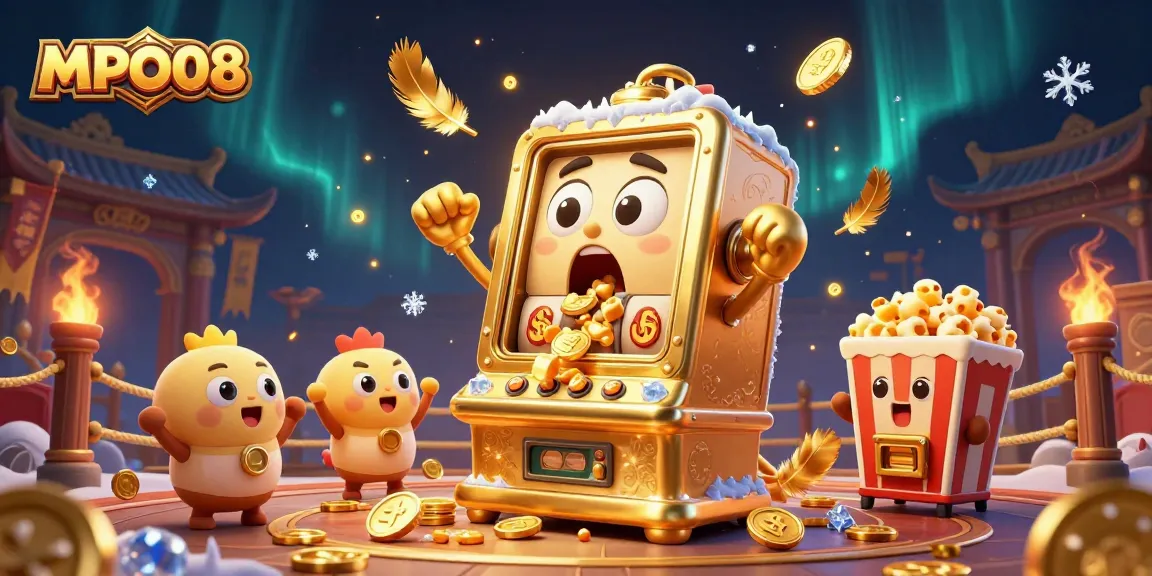 MPO08 slot machine hitting a jackpot with coins pouring, celebrating with smaller machines and popcorn.