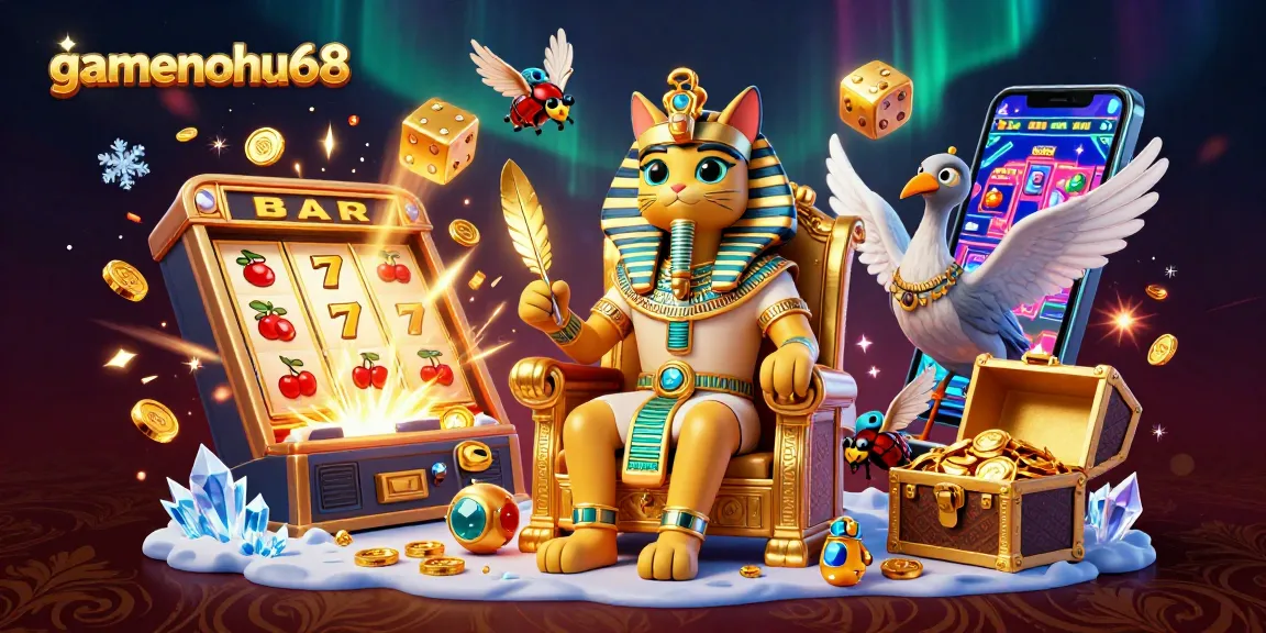 Experience gamenohu68 with a dynamic jackpot scene featuring an Egyptian pharaoh cat and slot machine!