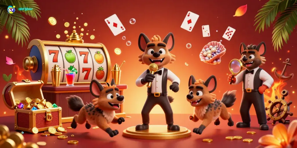 Engage in the vibrant world of slot gacor amidst cartoon hyenas entertaining at a comedy casino.