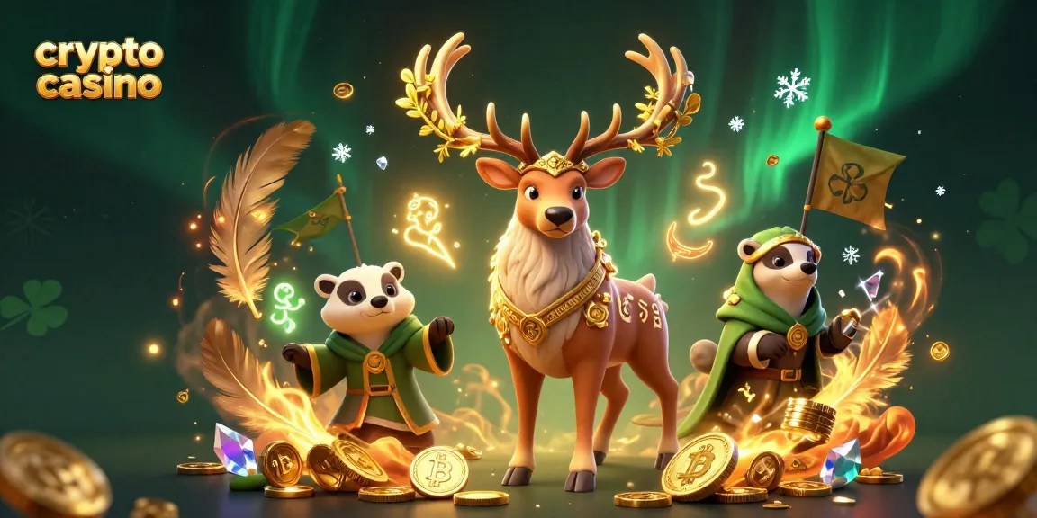 Vivez l'expérience d'un crypto casino avec un druid stag et un blaireau entourés de pièces d'or et de lumières
