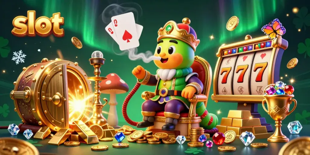 Experience thrilling slot action in this vibrant 3D casino scene with sparkling treasures.