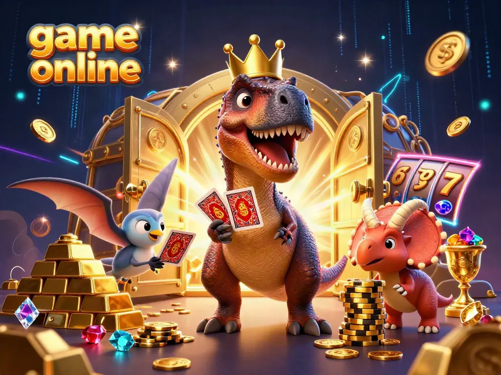 Experience game online excitement as a T-Rex shuffles cards, surrounded by treasure and playful characters in a vibrant casino scene.
