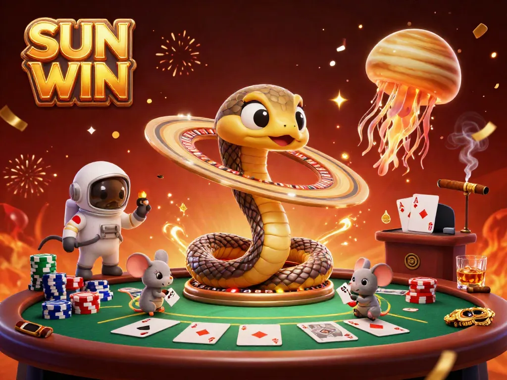 Engage with dynamic casino action at SUN WIN, featuring a cosmic roulette wheel and vibrant poker scene.