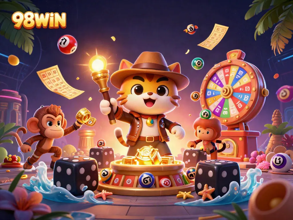 Explore the thrilling world of 98WIN casino with vibrant elements and dynamic characters.