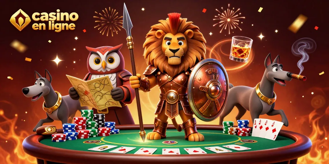 Le lion en armure et ses compagnons découvrent le casino en ligne dans une scène animée remplie d'éléments de poker.