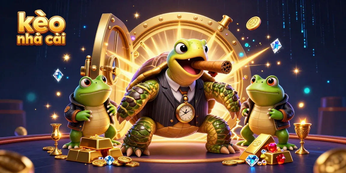 Experience kèo nhà cái with a vibrant casino scene featuring a mobster turtle and bullfrog enforcers amidst treasures.