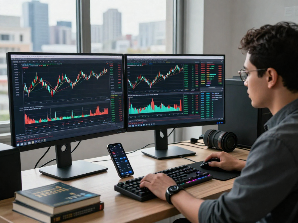 Pantalla de trading digital mostrando Immediate Edge con gráficos de mercado y un trader enfocado en análisis