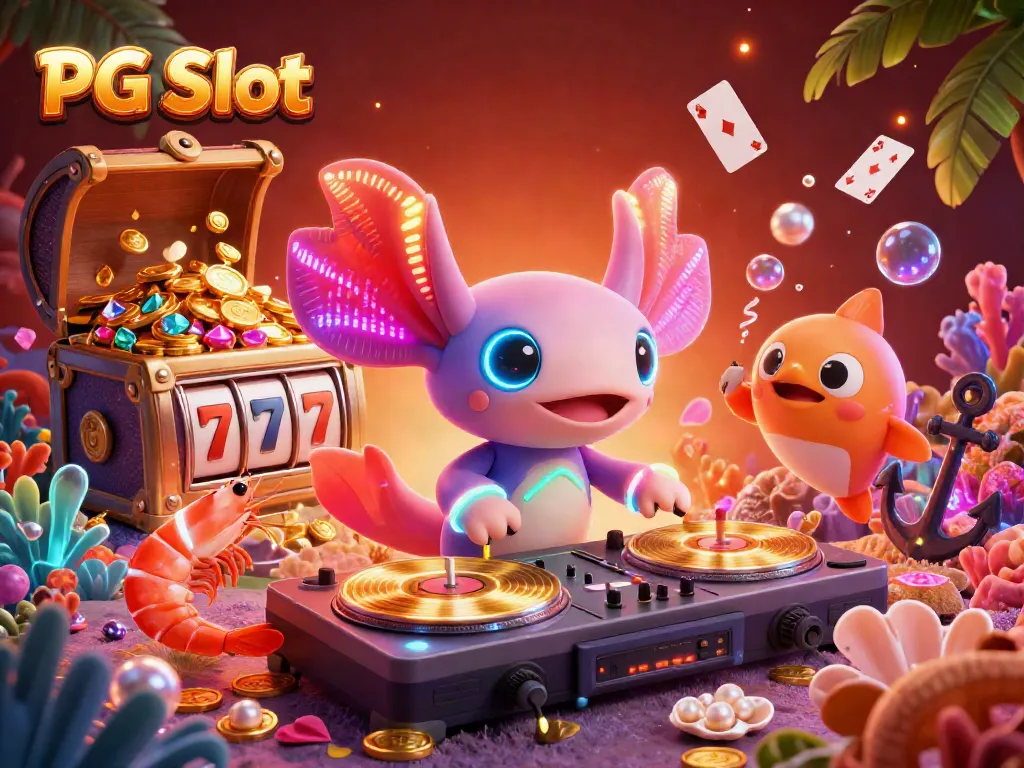 Experience excitement with the PG Slot gaming scene featuring music and vibrant underwater elements.