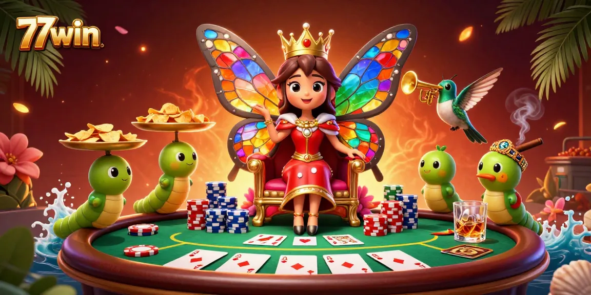Engage in immersive gaming at 77win with a colorful butterfly queen presiding over a poker scene filled with vibrant action.